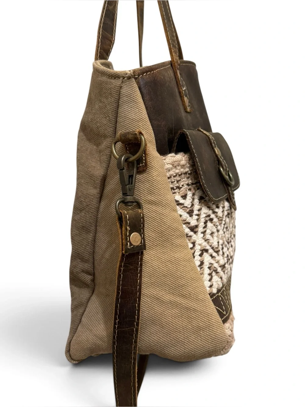 Myra Cherish Tote Brown Leather Canvas Woven Crossbody Shoulder Bag